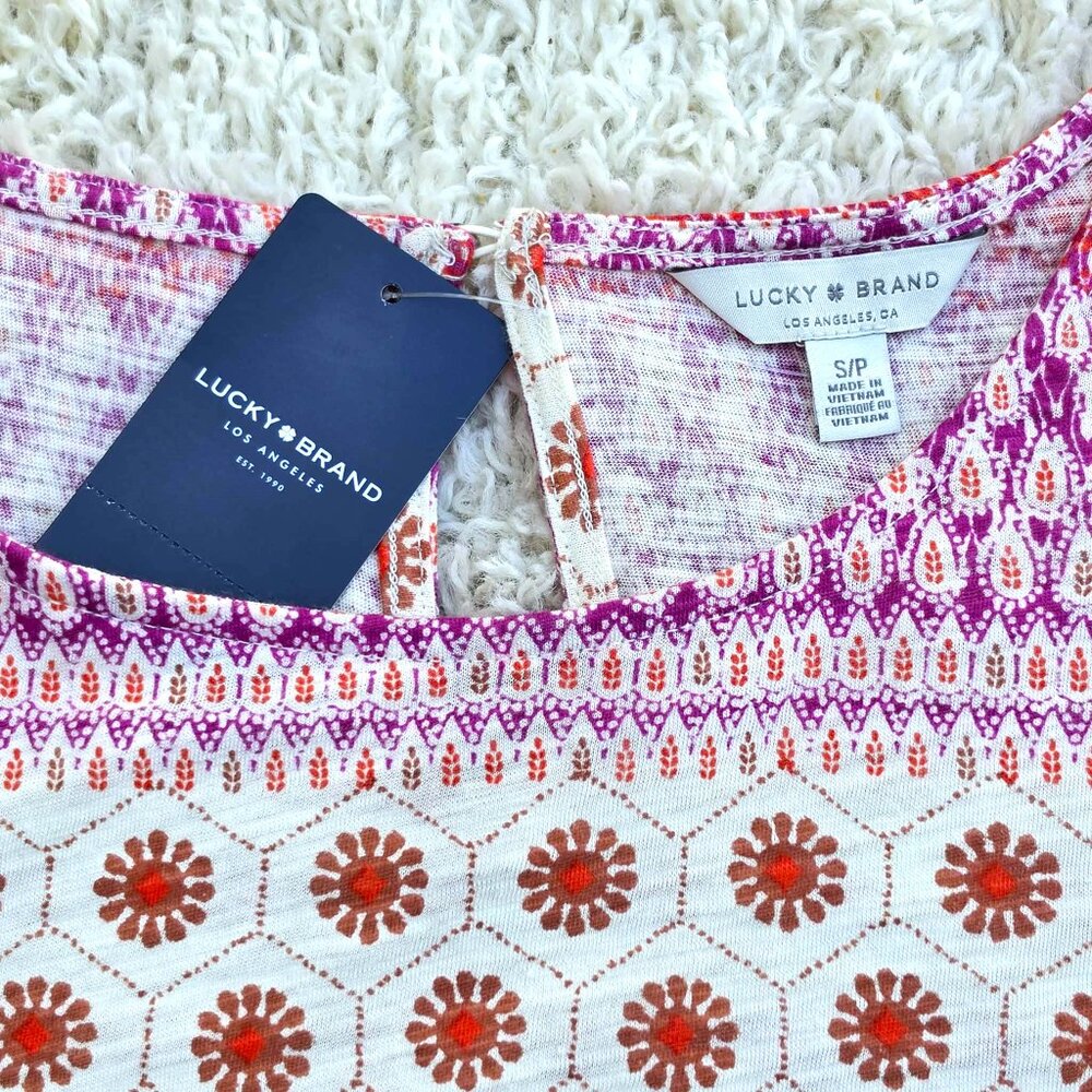 Lucky Brand Top, Purple Ivory Multi, Short Sleeve, NWT, Size S/P - Picture 9 of 11